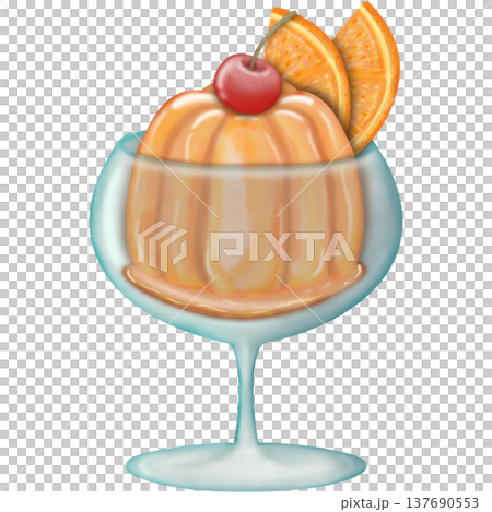 Creamy fluted Orange pudding dessert with fresh orange slice garnish and Red Cherry on Top on a plate and glass In cartoon illustration style. 137690553