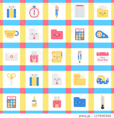 Cute Back to School Office Supplies Seamless Pattern on Grid 137690560
