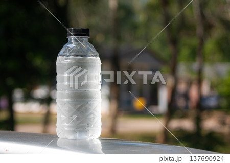 A cold plastic water bottle with condensation stands outdoors, catching sunlight against green blur. A cold plastic water bottle with condensation stands outdoors, catching sunlight against green blur. 137690924
