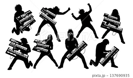 Black Solid Bagpipe Player Silhouettes Set of Six on White Background 137690935
