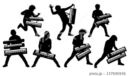 Black Solid Bagpipe Player Silhouettes Set of Six on White Background 137690936