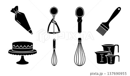 Black Solid Kitchen Baking Accessories Silhouettes Set of Six on White Background 137690955