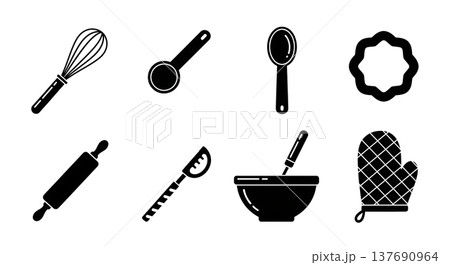 Black Solid Baking Utensils Silhouettes Set of Six on White Background 137690964