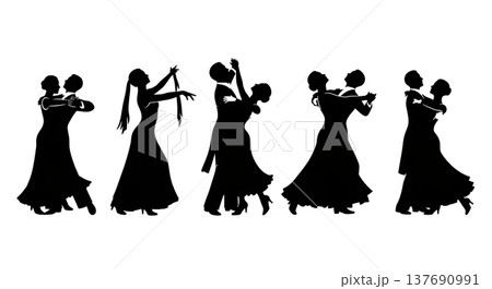 Black Solid Waltz Dancer Silhouettes Set of Six on White Background 137690991