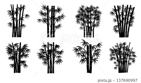 Set of Six Black Solid Bamboo Stalk and Grove Silhouettes 137690997