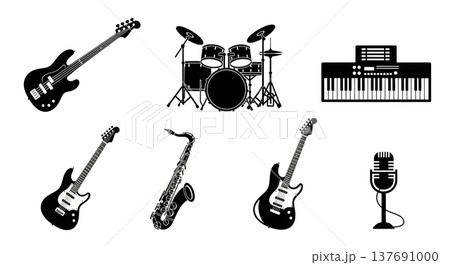 Black Solid Band Instruments Silhouettes Set of Six on White Background 137691000