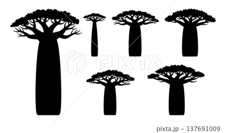 Set of Six Black Solid African Baobab Tree Silhouettes 137691009