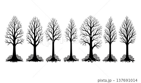 Black Solid Barren Autumn Tree Silhouettes with Fallen Leaves Black Solid Barren Autumn Tree Silhouettes with Fallen Leaves 137691014