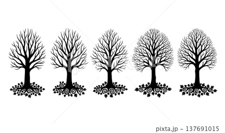 Black Solid Barren Autumn Tree Silhouettes with Fallen Leaves 137691015