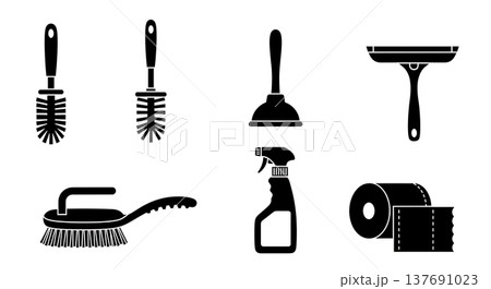 Black Solid Home Bathroom Cleaning Tools Silhouettes Set of Six on White Background Black Solid Home Bathroom Cleaning Tools Silhouettes Set of Six on White Background 137691023