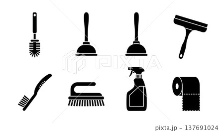 Black Solid Home Bathroom Cleaning Tools Silhouettes Set of Six on White Background 137691024