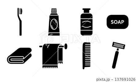 Black Solid Bathroom Essentials Silhouettes Set of Six on White Background Black Solid Bathroom Essentials Silhouettes Set of Six on White Background 137691026