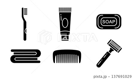 Black Solid Bathroom Essentials Silhouettes Set of Six on White Background Black Solid Bathroom Essentials Silhouettes Set of Six on White Background 137691029