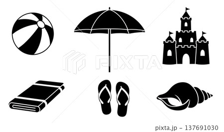 Black Solid Beach Items Silhouettes Set of Six on White Background 137691030