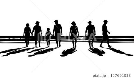 Black Solid Beach Walker Silhouettes Set of Six on White Background 137691038
