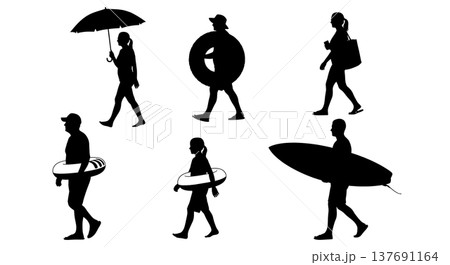 Black Solid Beach Travel Silhouettes Set of Six on White Background Black Solid Beach Travel Silhouettes Set of Six on White Background 137691164
