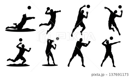 Black Solid Beach Volleyball Silhouettes Set of Six on White Background Black Solid Beach Volleyball Silhouettes Set of Six on White Background 137691173