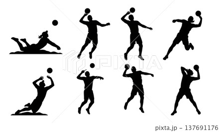 Black Solid Beach Volleyball Silhouettes Set of Six on White Background Black Solid Beach Volleyball Silhouettes Set of Six on White Background 137691176