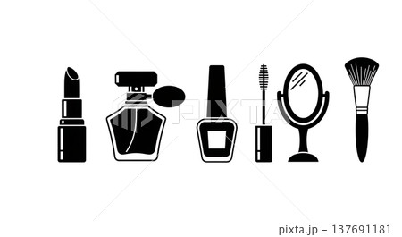 Black Solid Beauty & Cosmetic Items Silhouettes Set of Six on White Background 137691181
