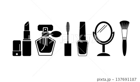 Black Solid Beauty & Cosmetic Items Silhouettes Set of Six on White Background Black Solid Beauty & Cosmetic Items Silhouettes Set of Six on White Background 137691187