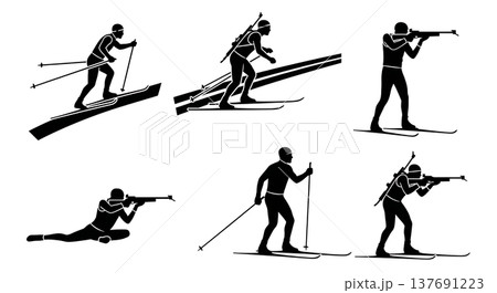Black Solid Biathlon Athletes Silhouettes Set of Six on White Background 137691223