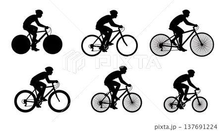Black Solid Bicycles and Cyclists Silhouettes Set of Six on White Background 137691224