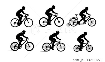Black Solid Bicycles and Cyclists Silhouettes Set of Six on White Background 137691225