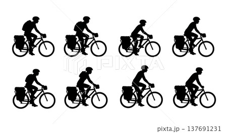 Black Solid Cycling Tourist Silhouettes Set of Six on White Background Black Solid Cycling Tourist Silhouettes Set of Six on White Background 137691231