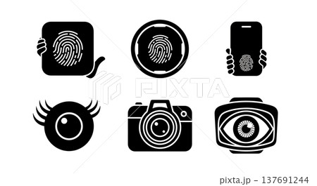 Black Solid Biometric Scanner Silhouettes Set of Six on White Background Black Solid Biometric Scanner Silhouettes Set of Six on White Background 137691244