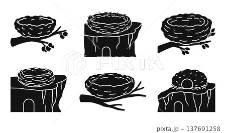 Collection of Six Black Solid Bird Nest Silhouettes 137691258