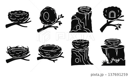 Collection of Six Black Solid Bird Nest Silhouettes 137691259
