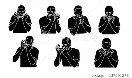 Black Solid Harmonica Player Silhouettes Set of Six on White Background Black Solid Harmonica Player Silhouettes Set of Six on White Background 137691278
