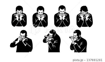 Black Solid Harmonica Player Silhouettes Set of Six on White Background Black Solid Harmonica Player Silhouettes Set of Six on White Background 137691281