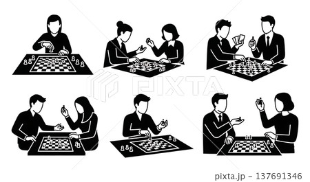 Black Solid Board Game Players Silhouettes Set of Six on White Background 137691346