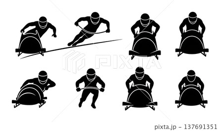 Black Solid Bobsled Teams Silhouettes Set of Six on White Background 137691351