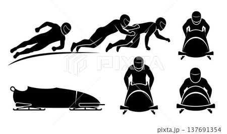 Black Solid Bobsled Teams Silhouettes Set of Six on White Background Black Solid Bobsled Teams Silhouettes Set of Six on White Background 137691354