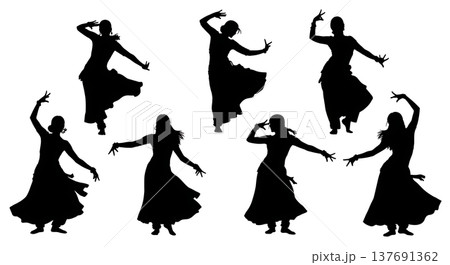 Black Solid Bollywood Dancer Silhouettes Set of Six on White Background Black Solid Bollywood Dancer Silhouettes Set of Six on White Background 137691362