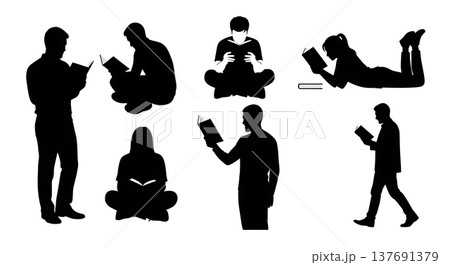 Black Solid Book Readers Silhouettes Set of Six on White Background Black Solid Book Readers Silhouettes Set of Six on White Background 137691379