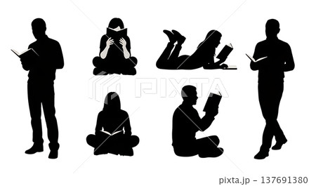 Black Solid Book Readers Silhouettes Set of Six on White Background Black Solid Book Readers Silhouettes Set of Six on White Background 137691380