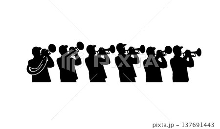 Black Solid Horn Section Silhouettes Set of Six on White Background Black Solid Horn Section Silhouettes Set of Six on White Background 137691443