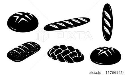 Black Solid Fresh Bread Loaves Silhouettes Set of Six on White Background 137691454