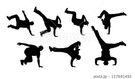 Black Solid Breakdance Freeze Silhouettes Set of Six on White Background 137691492