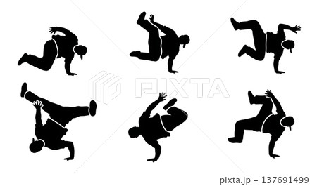 Black Solid Hand-Balance Breakdance Silhouettes Set of Six on White Background 137691499