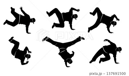 Black Solid Hand-Balance Breakdance Silhouettes Set of Six on White Background Black Solid Hand-Balance Breakdance Silhouettes Set of Six on White Background 137691500
