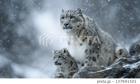 A stunning scene of snow leopards in a winter wonderland. Their majestic beauty shines through as they navigate the snowy landscape. Nature is truly awe inspiring. Generative AI 137691501