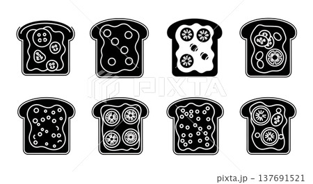 Black Solid Breakfast Toasts Silhouettes Set of Six on White Background Black Solid Breakfast Toasts Silhouettes Set of Six on White Background 137691521