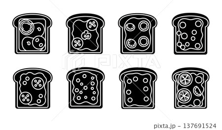 Black Solid Breakfast Toasts Silhouettes Set of Six on White Background Black Solid Breakfast Toasts Silhouettes Set of Six on White Background 137691524