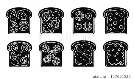 Black Solid Breakfast Toasts Silhouettes Set of Six on White Background Black Solid Breakfast Toasts Silhouettes Set of Six on White Background 137691526