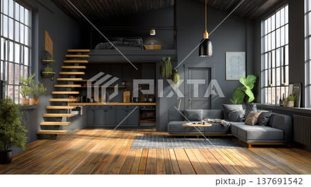 A stunning modern interior showcases a cozy living room design. Bright sunlight streams through large windows to illuminate the wooden details and elegant decor. Generative AI A stunning modern interior showcases a cozy living room design. Bright sunlight streams through large windows to illuminate the wooden details and elegant decor. Generative AI 137691542