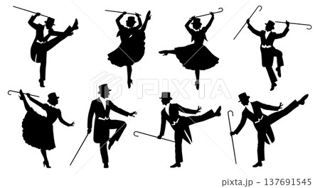 Black Solid Broadway Dancer Silhouettes Set of Six on White Background 137691545